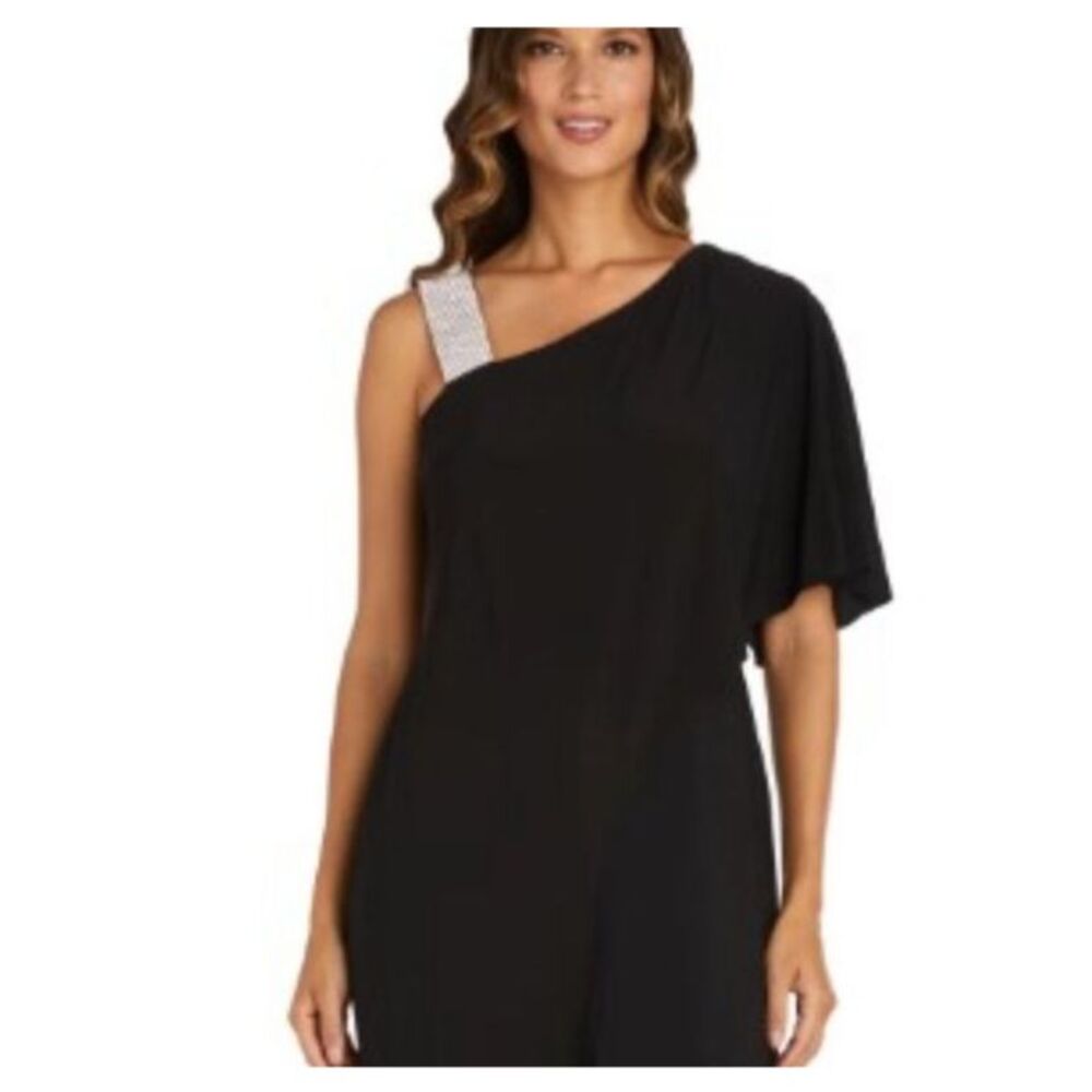 NWT R&M Richards Black Jumpsuit rhinestone strap overlay asymmetric sz 6